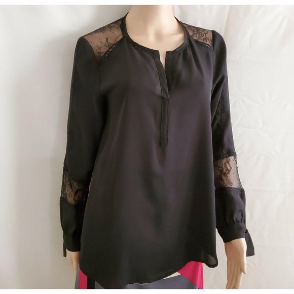 Fever Women's Sheer Lace Trim Inset Long Sleeve Tie Cuff Blouse Black Sz Medium - Picture 2 of 9